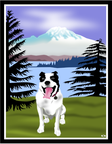 Image of Mt. Rainier and Roscoe the dog.